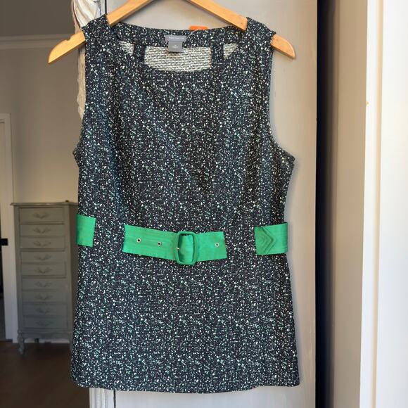 Ann Taylor Silk Blend Textured Black Green Belted Sleeveless Layering Top Sz 10 - Picture 1 of 9